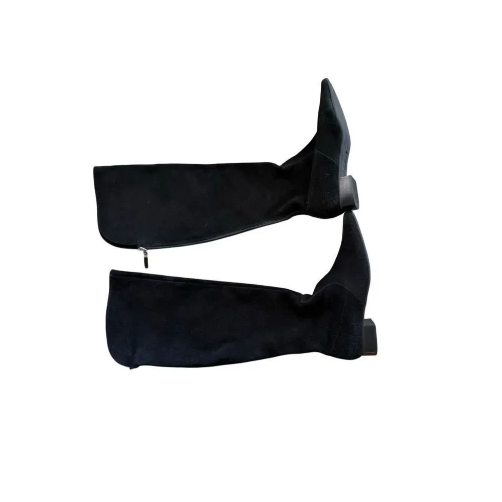 Talbots Womens Black Suede Cuffed Pointed Toe Low Block Heel Tall Boots Size 8B